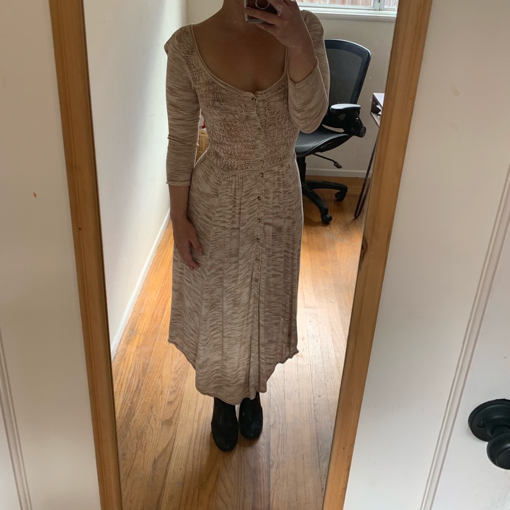 Free People Tan and Cream button up sweater dress